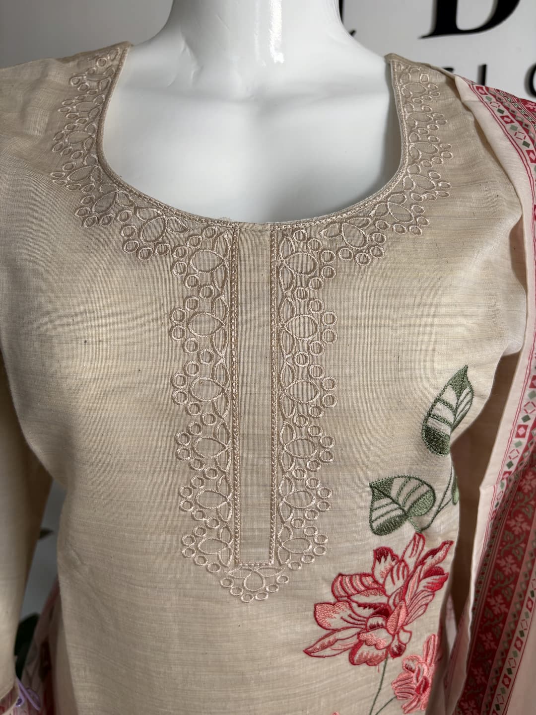 Khadi Cotton Embroidered Kurtha Set with Printed Dupatta for Women